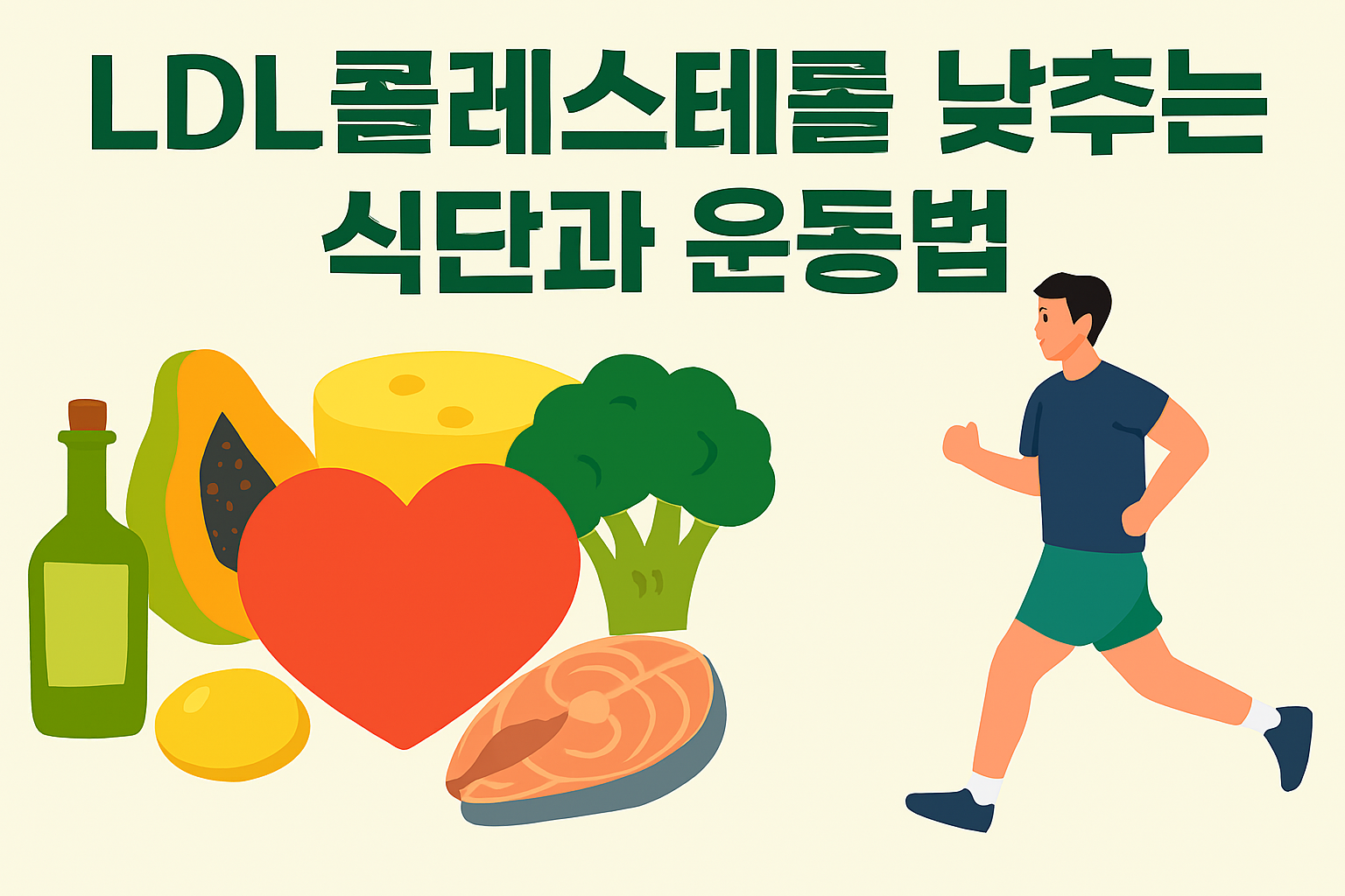 LDL 콜레스테롤 낮추는 방법을 보여주는 건강 인포그래픽: 식단, 운동, 생활습관, 영양제 아이콘