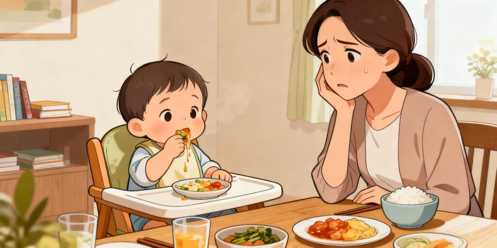 17개월 아기가 밥을 씹고 뱉는 모습을 엄마가 걱정스럽게 바라보는 장면 toddler refusing food while mother looks worried