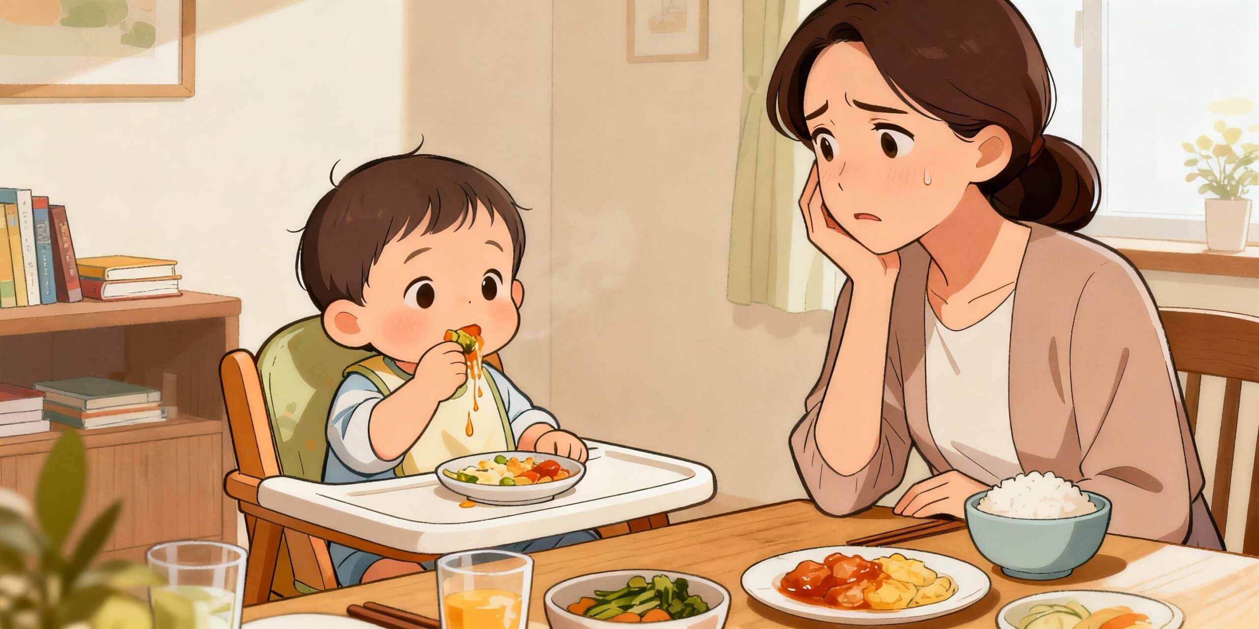 17개월 아기가 밥을 씹고 뱉는 모습을 엄마가 걱정스럽게 바라보는 장면 toddler refusing food while mother looks worried