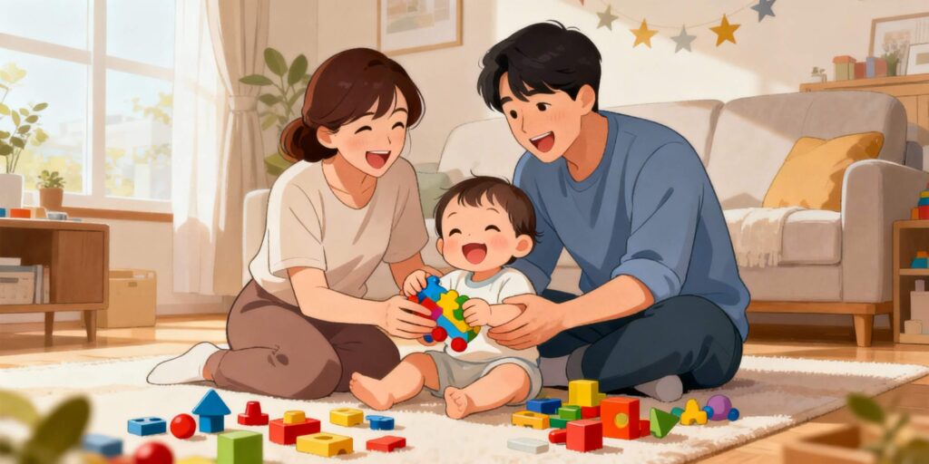 주말 집콕 놀이 중 거실에서 행복하게 노는 17개월 아기와 부모