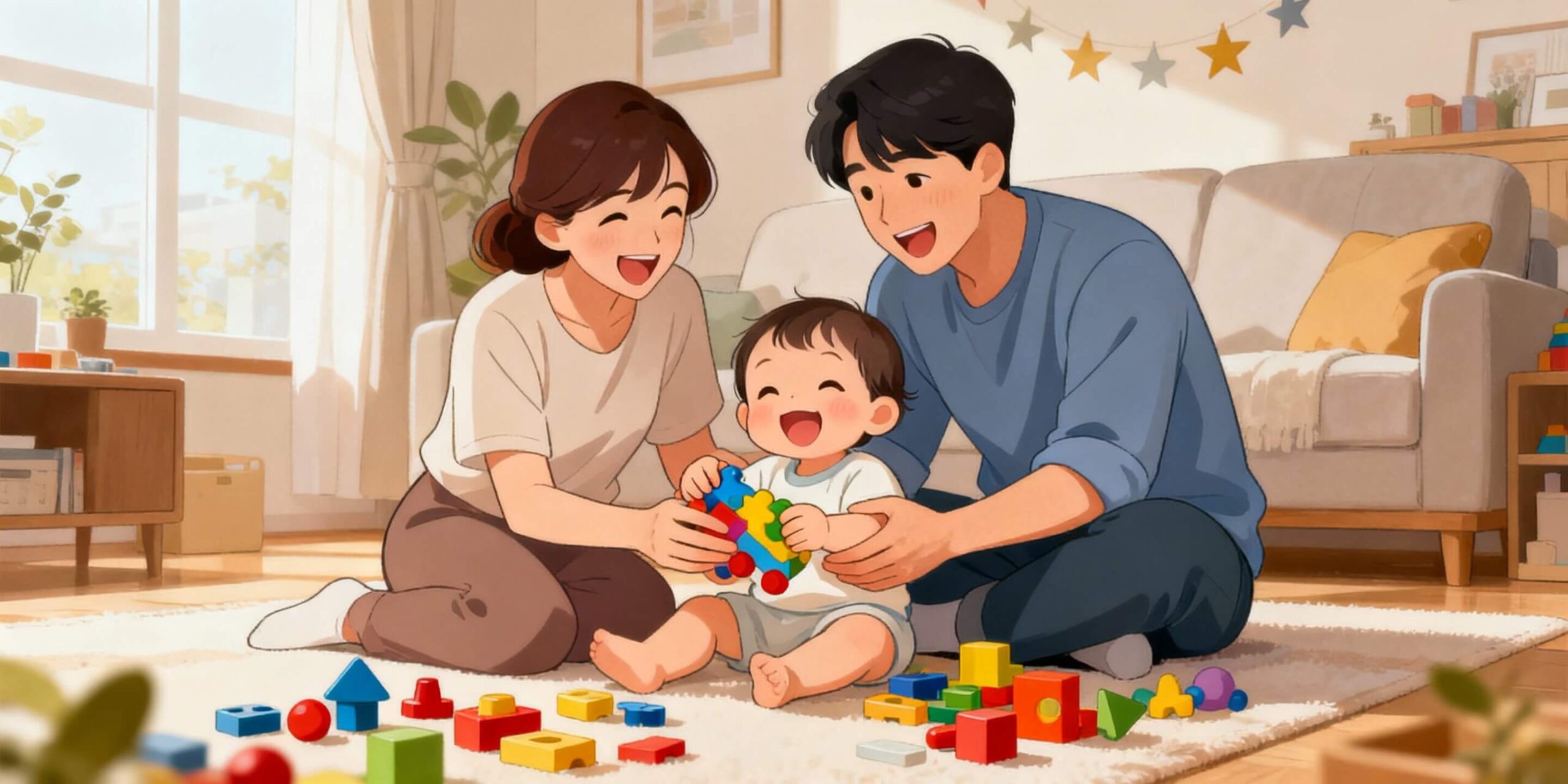 주말 집콕 놀이 중 거실에서 행복하게 노는 17개월 아기와 부모