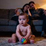 새벽 1시 집 안에서 공놀이하는 17개월 아기와 피곤한 부모의 모습