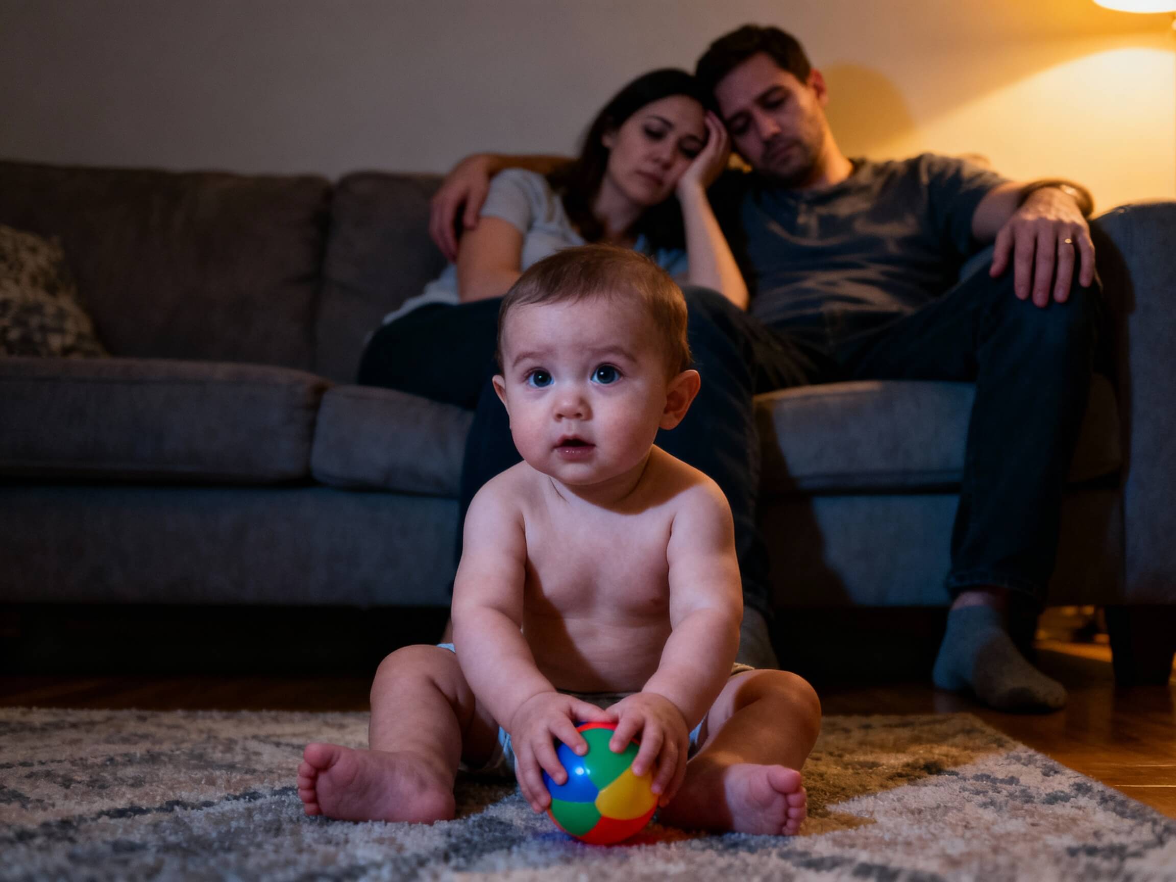 새벽 1시 집 안에서 공놀이하는 17개월 아기와 피곤한 부모의 모습