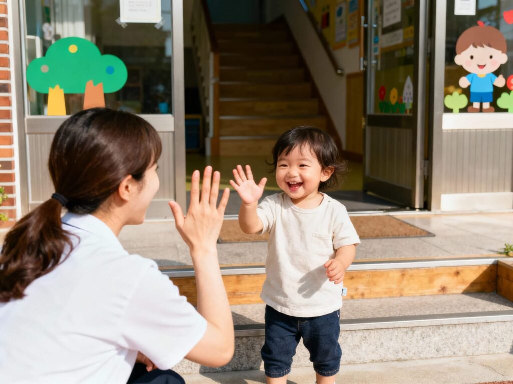17개월 아기가 어린이집 앞에서 선생님과 인사하며 밝게 웃는 아침 등원 장면