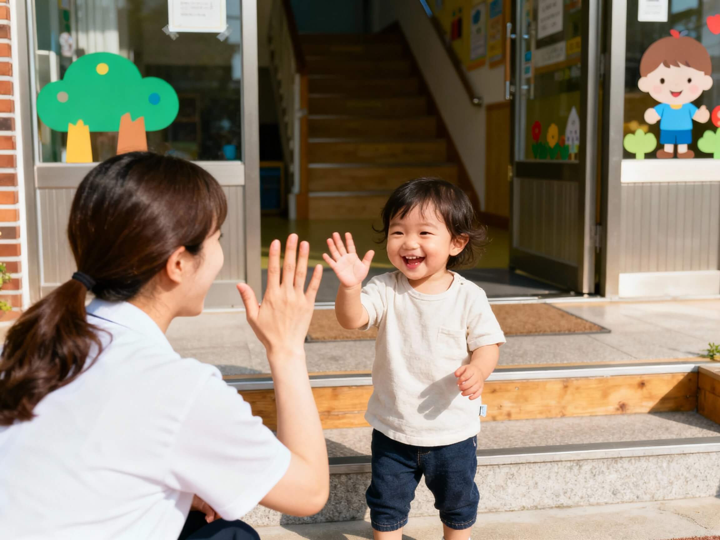 17개월 아기가 어린이집 앞에서 선생님과 인사하며 밝게 웃는 아침 등원 장면