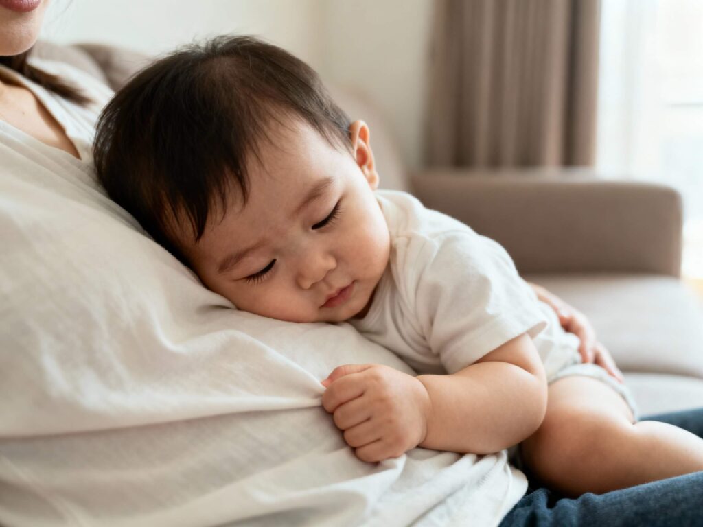 17개월 아기가 집 안에서 엄마에게 꼭 붙어 있지만, 엄마의 얼굴은 나오지 않는 애착 시기 모습