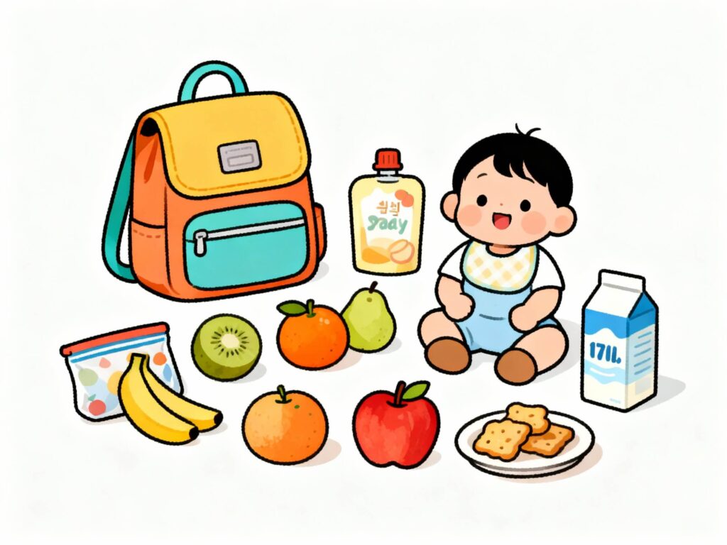 “기저귀가방과 이유식 파우치, 귤과 사과, 우유와 과자 등 17개월 아기 주말 외출 준비물이 정리된 일러스트 대표이미지”