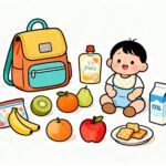 “기저귀가방과 이유식 파우치, 귤과 사과, 우유와 과자 등 17개월 아기 주말 외출 준비물이 정리된 일러스트 대표이미지”