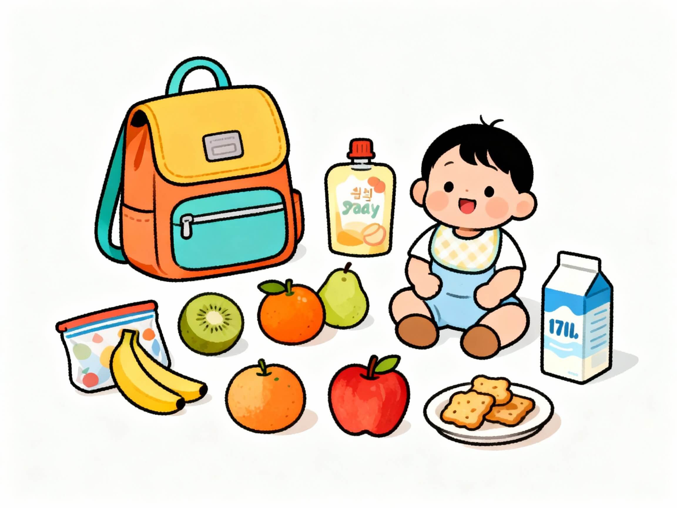 “기저귀가방과 이유식 파우치, 귤과 사과, 우유와 과자 등 17개월 아기 주말 외출 준비물이 정리된 일러스트 대표이미지”