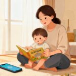 17개월 아기와 엄마가 TV 대신 그림책을 보며 건강하게 미디어를 사용하는 모습을 담은 일러스트