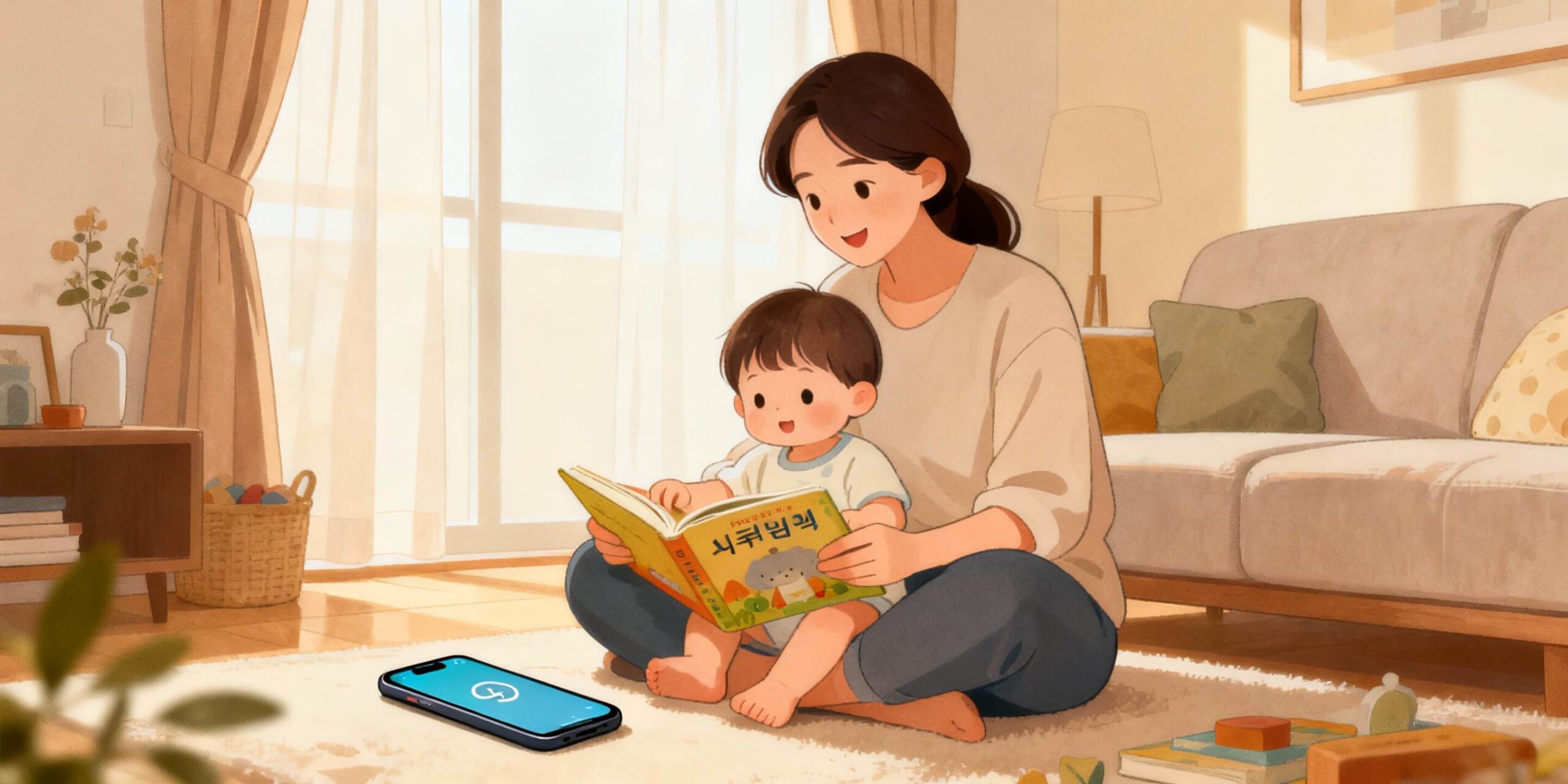 17개월 아기와 엄마가 TV 대신 그림책을 보며 건강하게 미디어를 사용하는 모습을 담은 일러스트