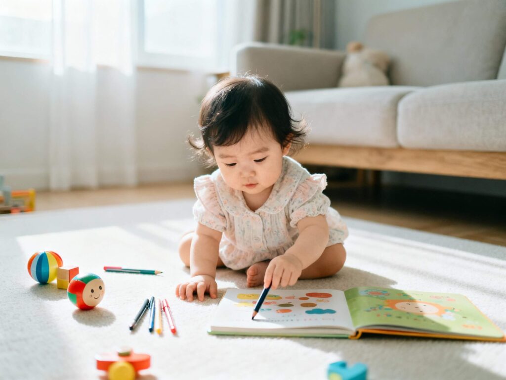 17개월 아기가 책, 펜놀이, 공놀이 장난감으로 노는 모습의 밝은 거실 사진