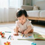 17개월 아기가 책, 펜놀이, 공놀이 장난감으로 노는 모습의 밝은 거실 사진