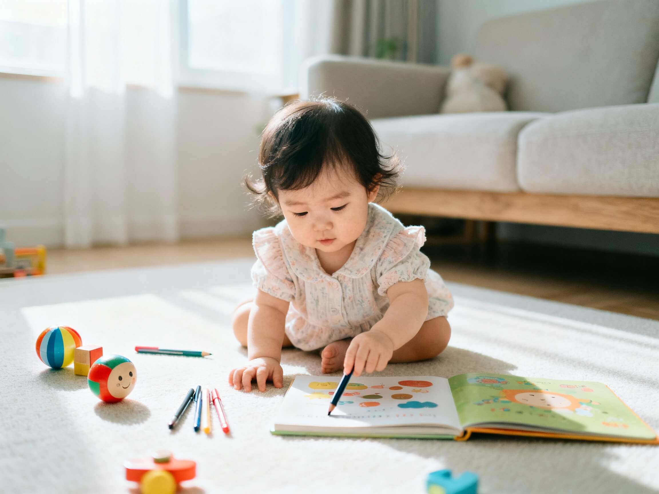 17개월 아기가 책, 펜놀이, 공놀이 장난감으로 노는 모습의 밝은 거실 사진