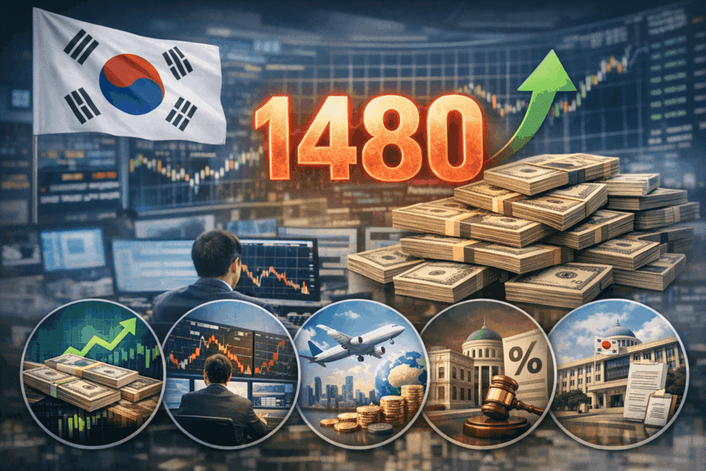 원달러 환율 1480 표시와 상승 화살표, 달러 지폐 더미, 한국 국기와 금융 차트 배경 및 원인 5개 아이콘이 있는 썸네일