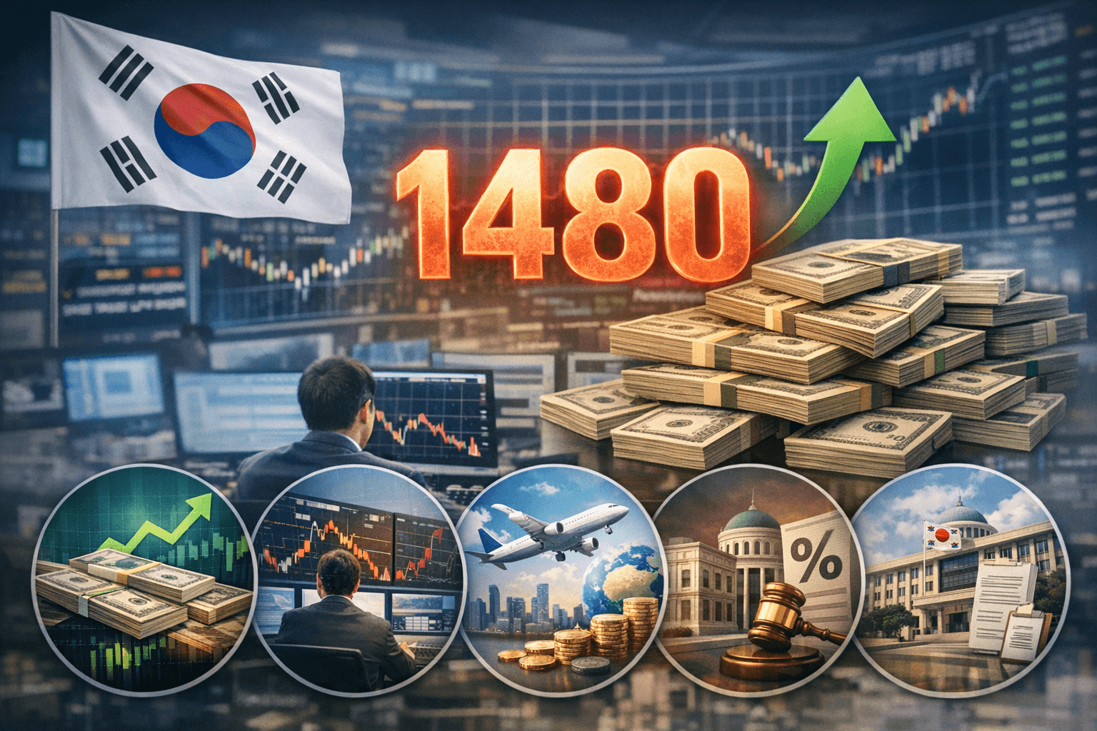 원달러 환율 1480 표시와 상승 화살표, 달러 지폐 더미, 한국 국기와 금융 차트 배경 및 원인 5개 아이콘이 있는 썸네일
