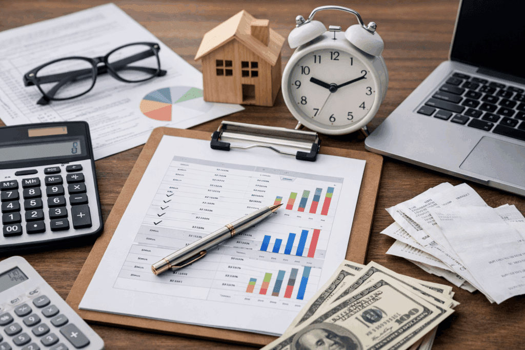 연말정산 간소화 자료조회 방법을 준비하는 계산기와 서류, 영수증이 놓인 책상