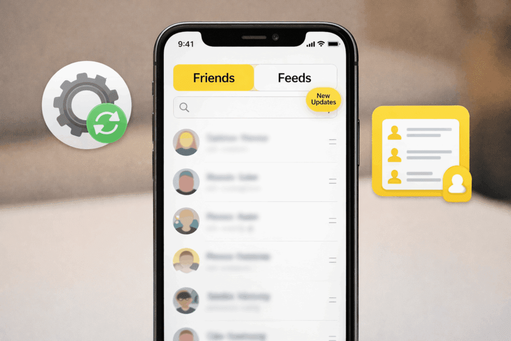 카카오톡 친구목록 복원 업데이트를 상징하는 스마트폰 친구 목록 화면과 업데이트 아이콘