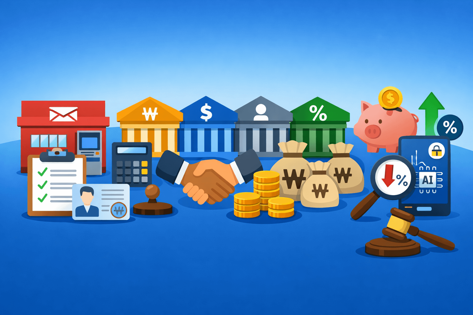 우체국 은행대리업 신청 방법 아이콘형 대표이미지(우체국·은행·대출 서류·수수료·사고책임·금리인하요구권·마이데이터 AI)