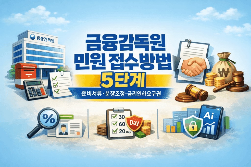 금융감독원 민원 접수 방법 5단계 안내 대표이미지(준비서류·분쟁조정·금리인하요구권 체크리스트 아이콘)