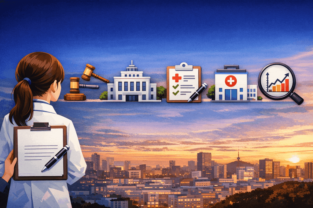 정희원 박사 사의 표명 이슈를 상징하는 대표이미지(서울 야경 배경, 법률·서울시·서류·의료·분석 아이콘)