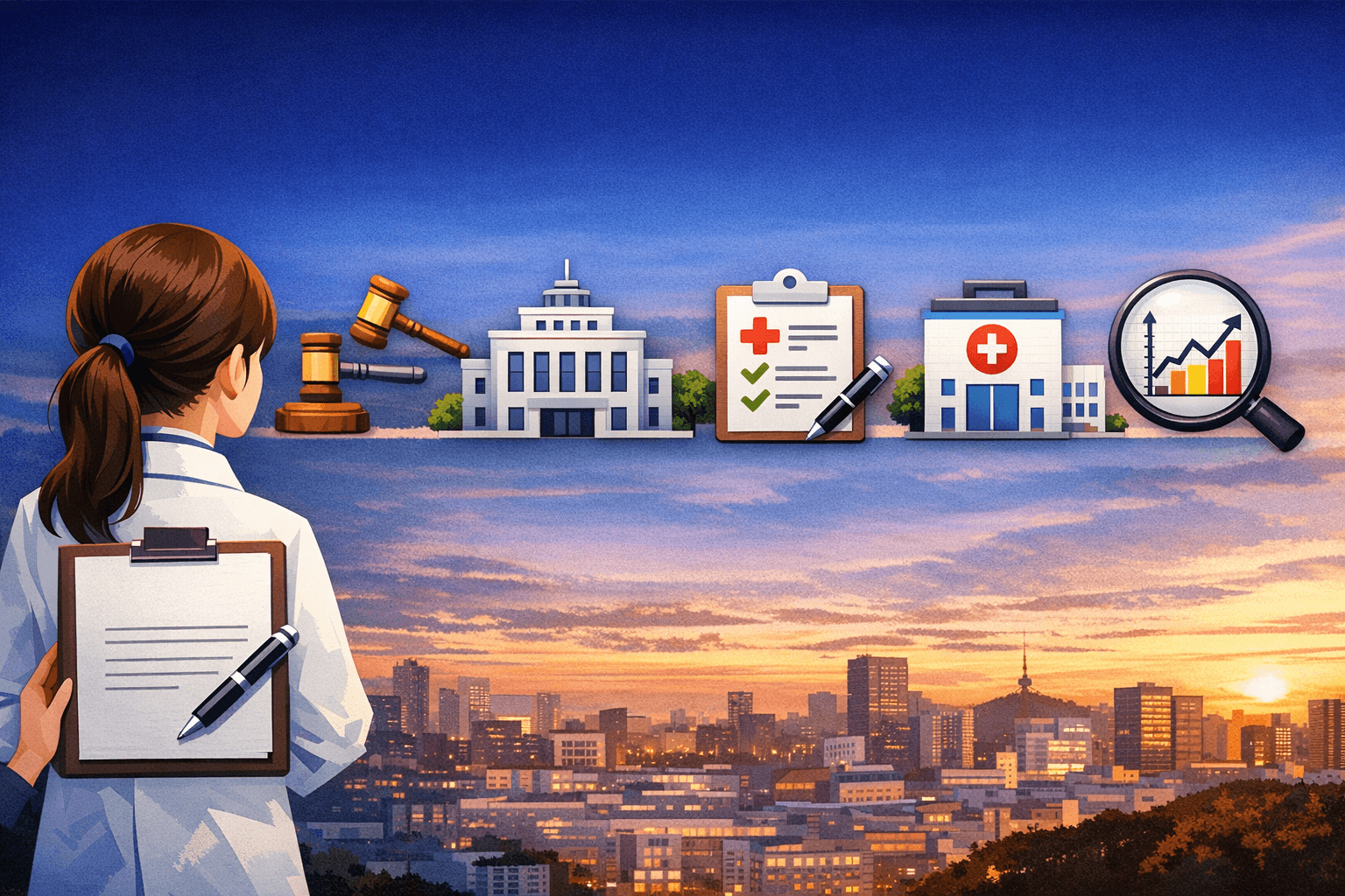 정희원 박사 사의 표명 이슈를 상징하는 대표이미지(서울 야경 배경, 법률·서울시·서류·의료·분석 아이콘)