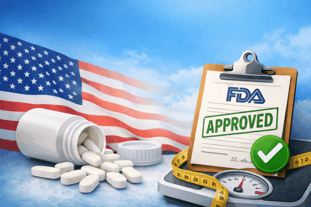 FDA approval document with pills, measuring tape, and scale symbolizing oral Wegovy approval for weight management