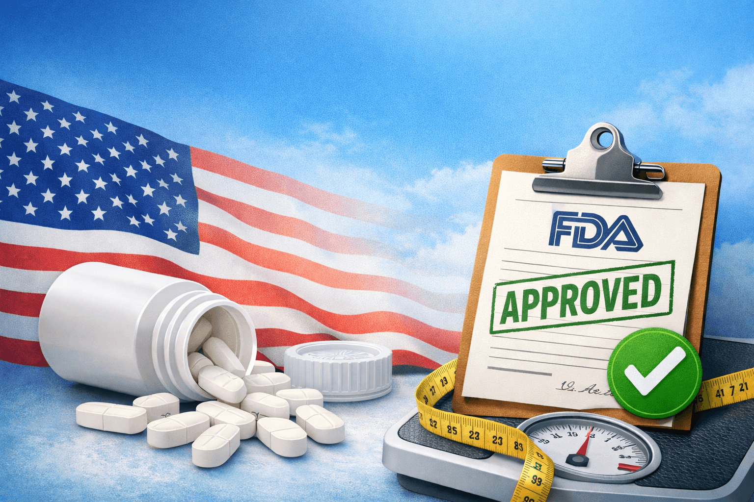 FDA approval document with pills, measuring tape, and scale symbolizing oral Wegovy approval for weight management