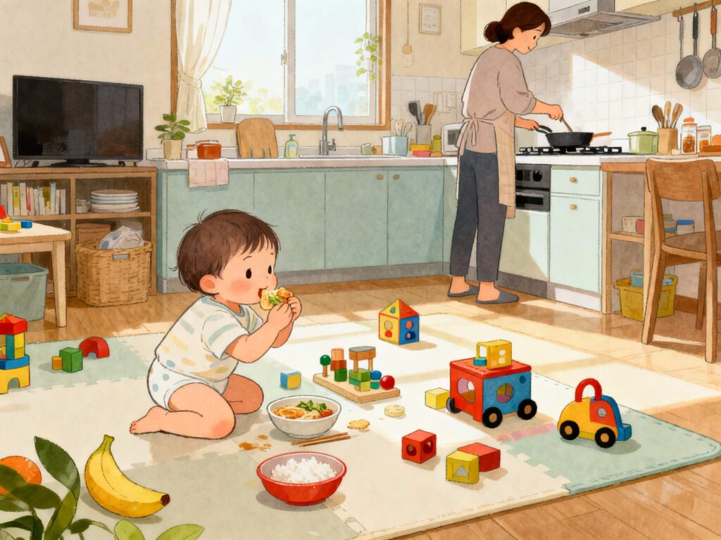 "어린이집에서 하원한 17개월 아기가 집에서 간식, 몸놀이, 집중놀이를 하고 엄마가 저녁을 준비하는 4시부터 6시까지의 실내 루틴 일러스트"