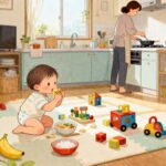 "어린이집에서 하원한 17개월 아기가 집에서 간식, 몸놀이, 집중놀이를 하고 엄마가 저녁을 준비하는 4시부터 6시까지의 실내 루틴 일러스트"