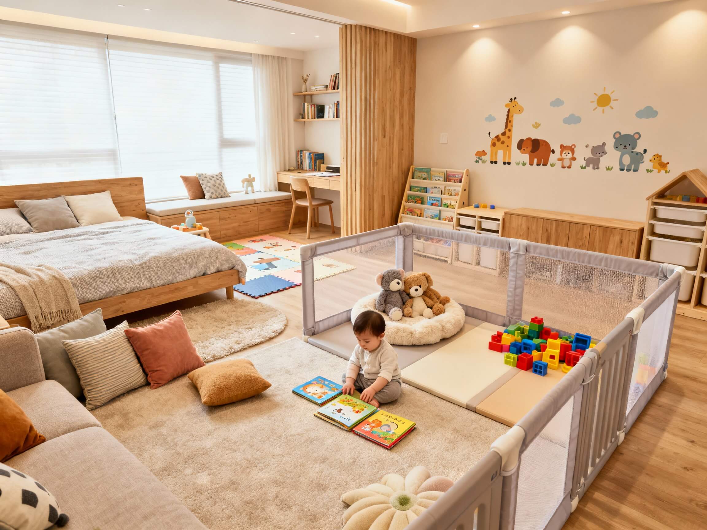 17개월 아기 독서존과 놀이존이 있는 따뜻한 집 인테리어. 거실에 낮은 책장, 빈백 소파, 부드러운 장난감과 그림책이 배치된 아기 전용 공간