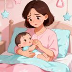 항생제 복용 후 변비로 힘주며 울먹이는 아기를 걱정스럽게 안고 있는 엄마 일러스트