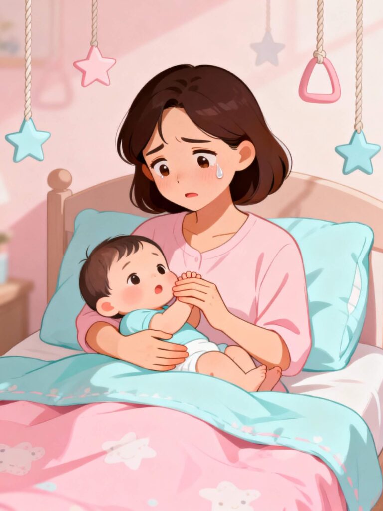 항생제 복용 후 변비로 힘주며 울먹이는 아기를 걱정스럽게 안고 있는 엄마 일러스트