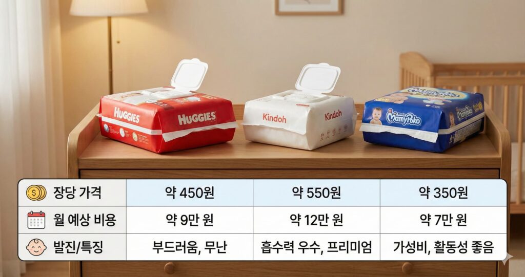 하기스 킨도 마미포코 기저귀 비교(장당가격·월비용·발진)