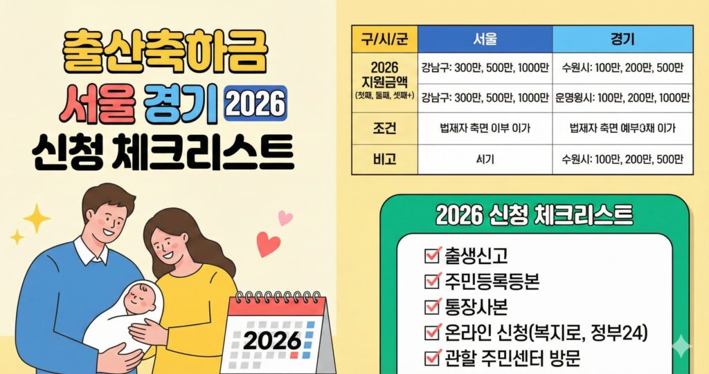 출산축하금 지역별 비교표 서울 경기 2026 신청 체크리스트