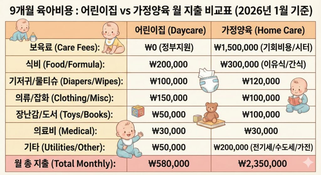 19개월 육아비용 어린이집 vs 가정양육 월 지출 비교표(2026년 1월)