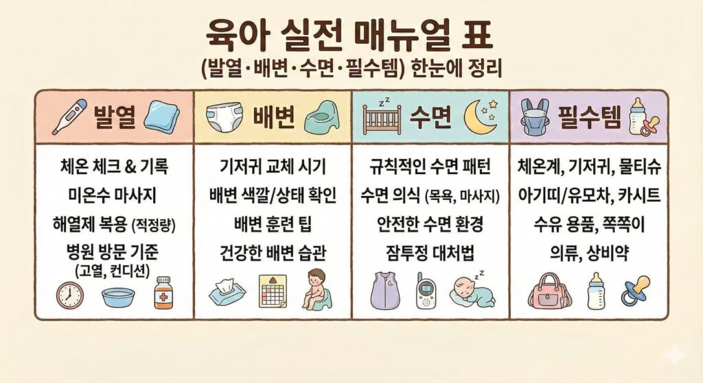 육아 실전 매뉴얼 표(발열·배변·수면·필수템) 한눈에 정리