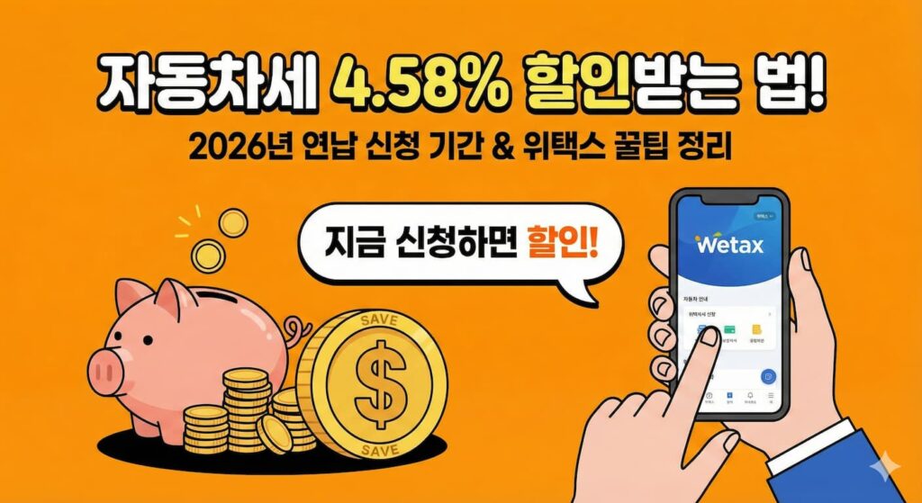 스마트폰으로 위택스 앱을 실행하는 손과 동전이 쌓인 돼지저금통 일러스트를 통해 2026년 자동차세 연납으로 약 4.58%의 세금을 절약할 수 있음을 강조한 썸네일 이미지"