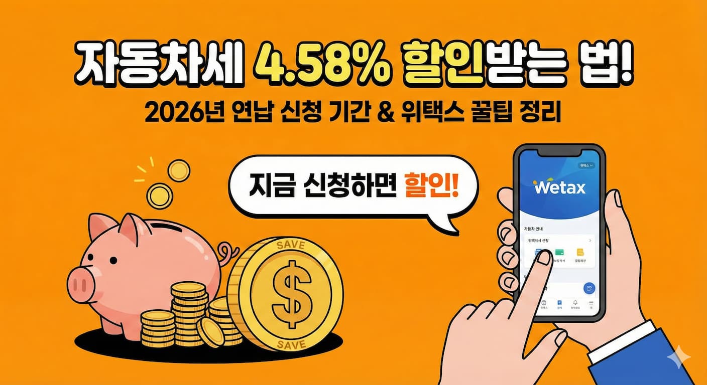 스마트폰으로 위택스 앱을 실행하는 손과 동전이 쌓인 돼지저금통 일러스트를 통해 2026년 자동차세 연납으로 약 4.58%의 세금을 절약할 수 있음을 강조한 썸네일 이미지"
