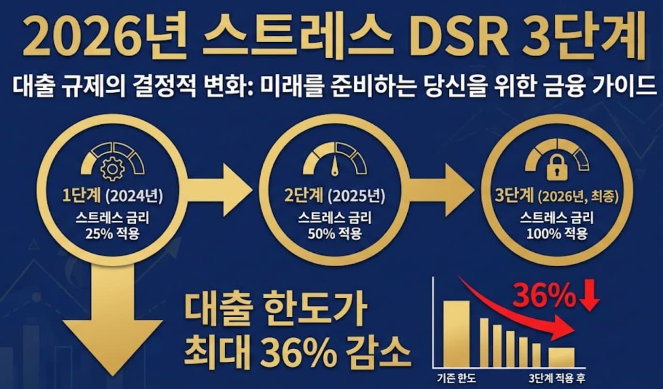 2026년 스트레스 DSR 3단계 시행 및 대출 한도 36% 감소 안내 인포그래픽