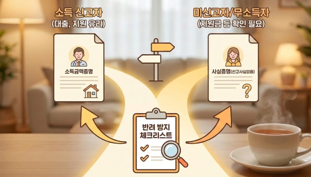 소득금액증명 vs 사실증명 대출 정부지원 제출 서류 구분표