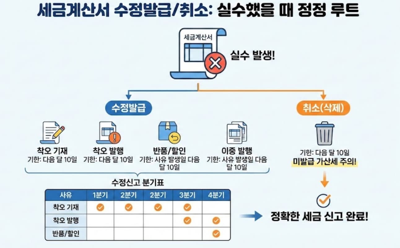 세금계산서 수정발급/취소 정정 루트(사유·기한·수정신고)