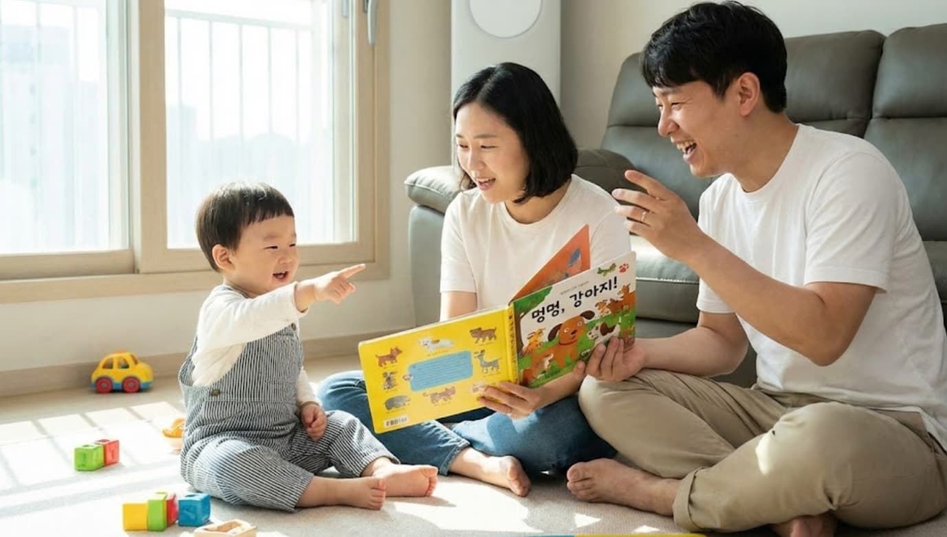19개월 아기가 부모와 함께 그림책을 보며 언어 발달 학습을 하는 모습