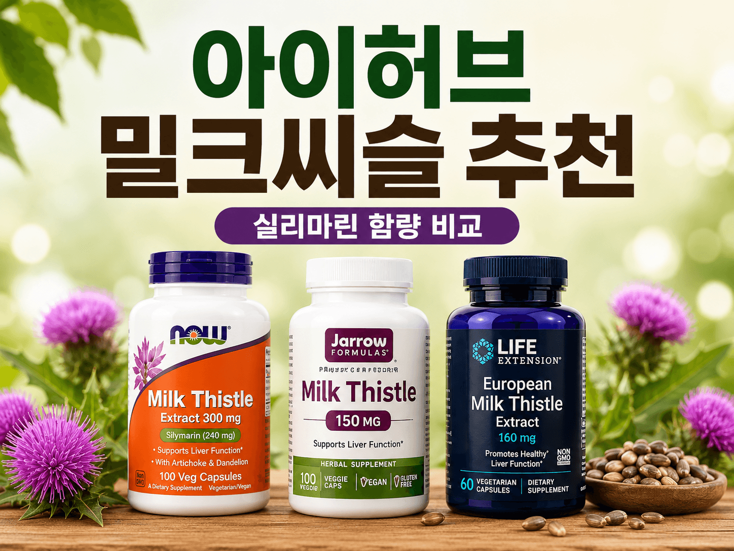 아이허브 밀크씨슬 추천 제품 3종과 실리마린 함량 비교를 보여주는 대표 이미지
