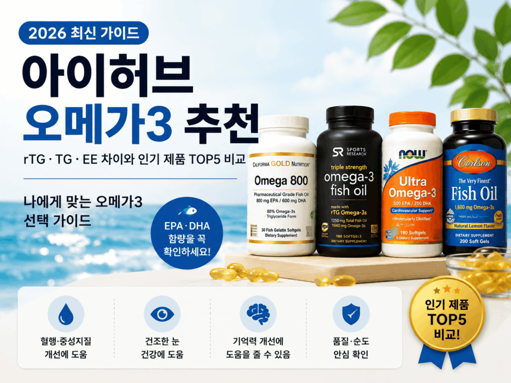 아이허브 오메가3 추천 제품 비교와 rTG·TG·EE 차이, EPA·DHA 선택 기준을 정리한 인포그래픽
