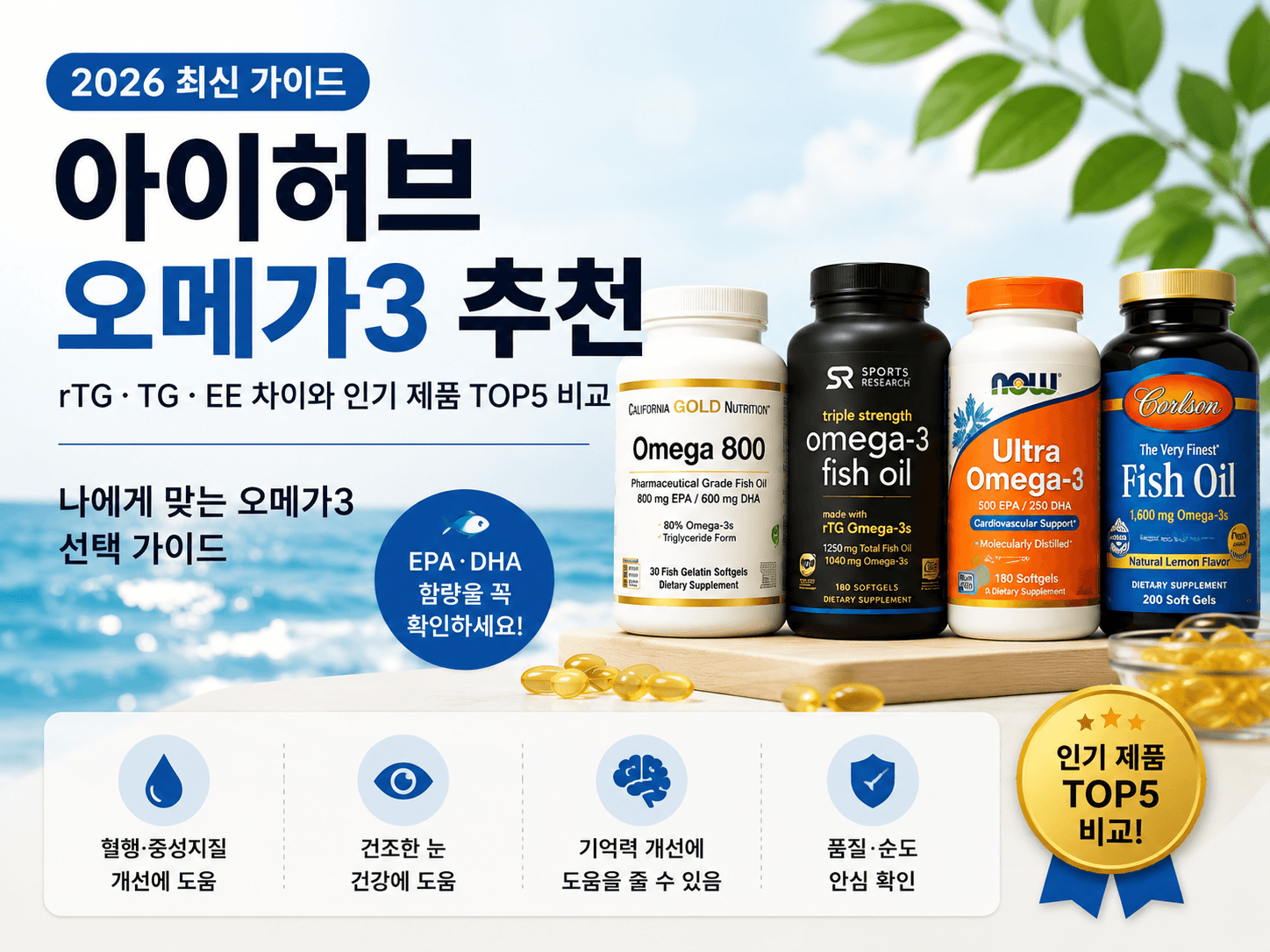 아이허브 오메가3 추천 제품 비교와 rTG·TG·EE 차이, EPA·DHA 선택 기준을 정리한 인포그래픽