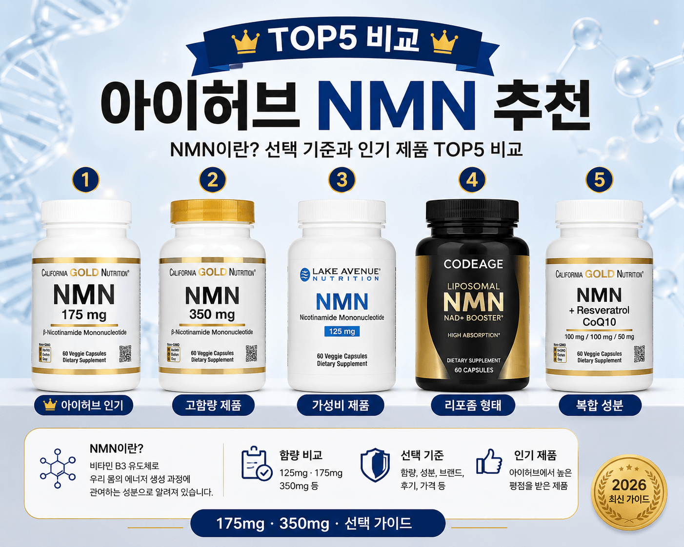 아이허브 NMN 추천 제품과 함량 비교, 선택 기준을 정리한 인포그래픽
