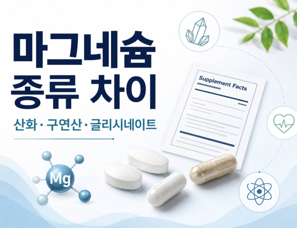 마그네슘 종류 차이를 설명하는 대표 이미지로 마그네슘 캡슐, 성분표, 미네랄 아이콘과 함께 산화마그네슘, 구연산마그네슘, 글리시네이트를 비교하는 이미지