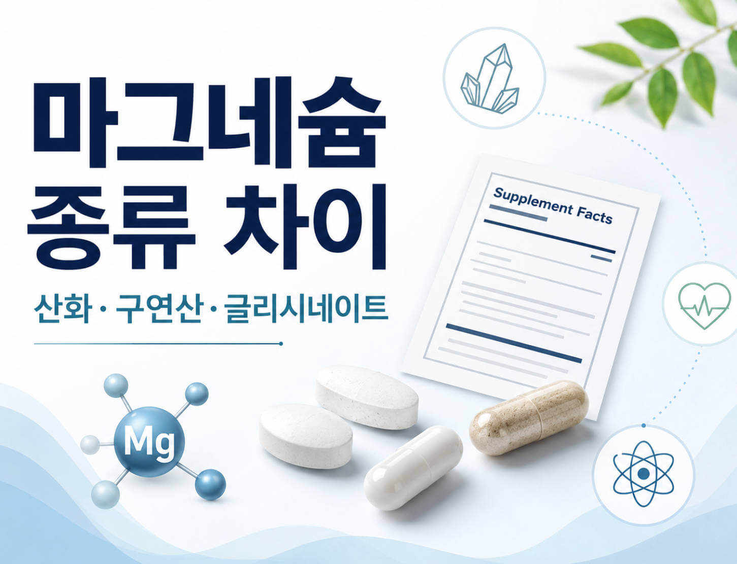 마그네슘 종류 차이를 설명하는 대표 이미지로 마그네슘 캡슐, 성분표, 미네랄 아이콘과 함께 산화마그네슘, 구연산마그네슘, 글리시네이트를 비교하는 이미지