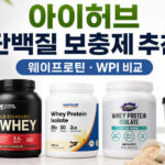 아이허브 단백질 보충제 추천 대표 이미지로 웨이프로틴과 WPI 제품 3종, 프로틴 파우더 스푼, 쉐이커가 함께 배치된 이미지